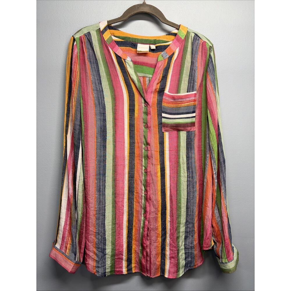 Zac & Rachel Stripped Button Up Top Blouse with Roll Tab Sleeves Size Large